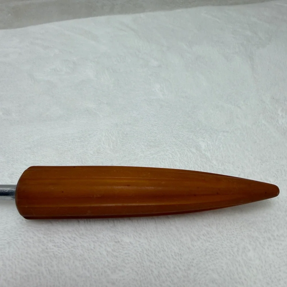 VTG Butterscotch Bakelite Ribbed Handle Stainless Steel Slotted Serving Spoon‎